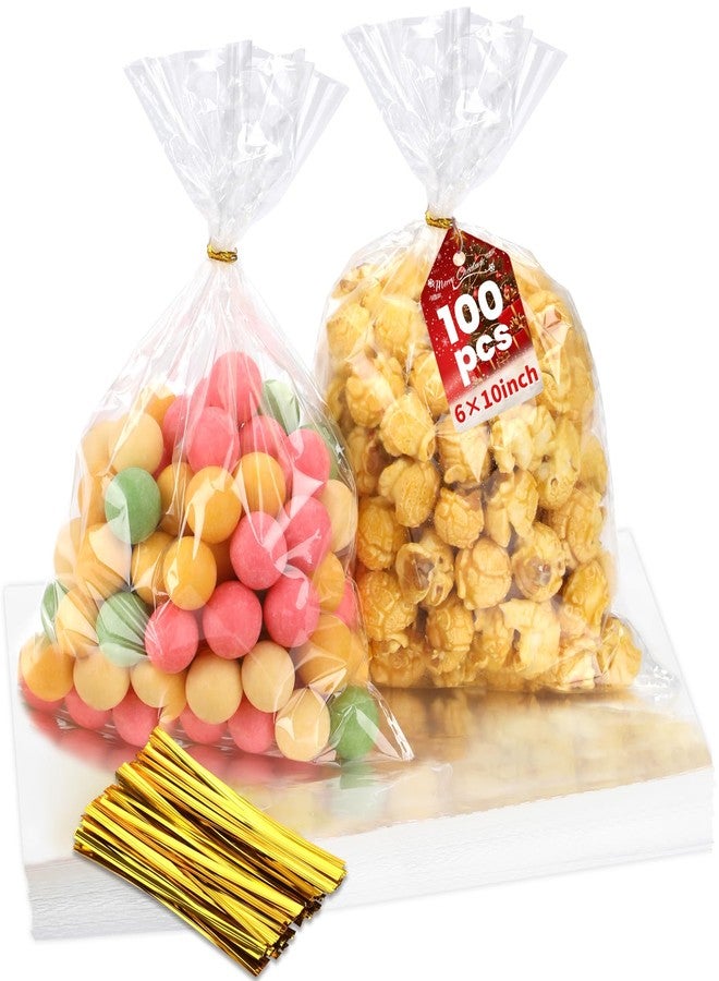Bonison 100 Pcs Cellophane Treat Bags - 6x10 Inch Clear Cookie Flat Bags Plastic Candy Goodie Bag With Twist Ties, No Gusset for Cookies, Candy, Snacks, Party Favors - Image 1